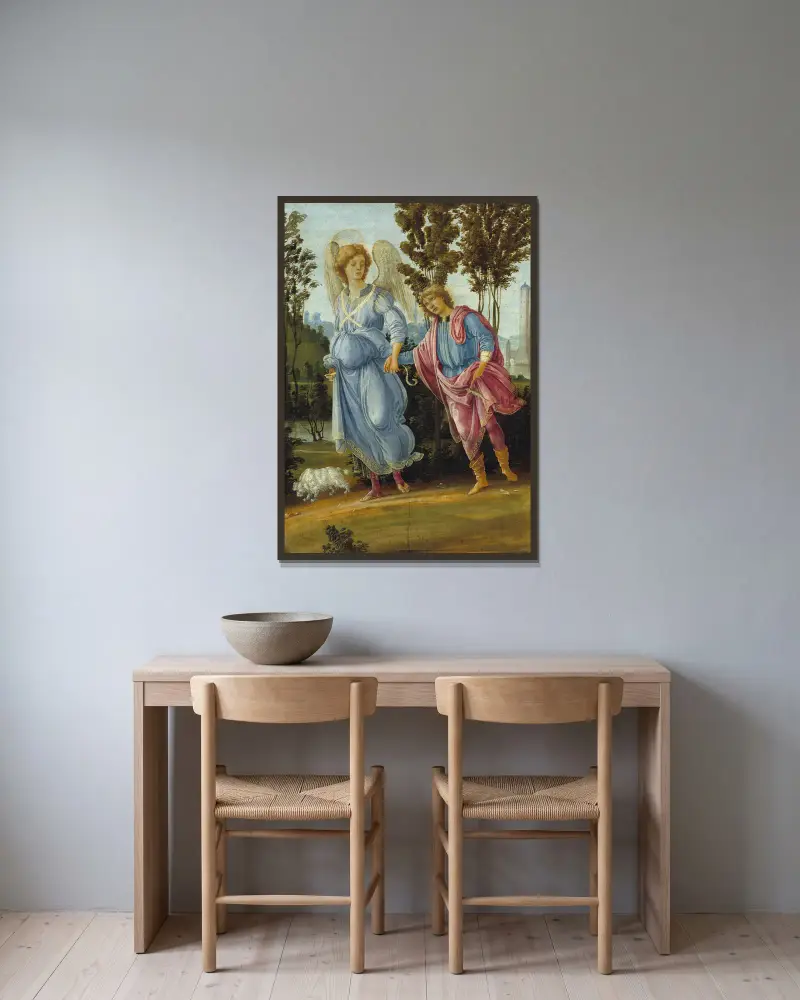 Tobias und der Engel von Filippino Lippi gerahmt an einer Wand
