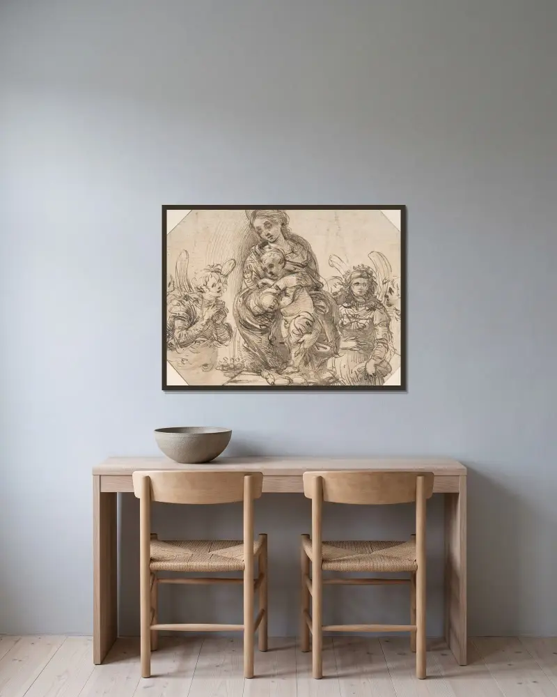 Madonnan och barnet omgivna av änglar av Filippino Lippi inramad på en vägg