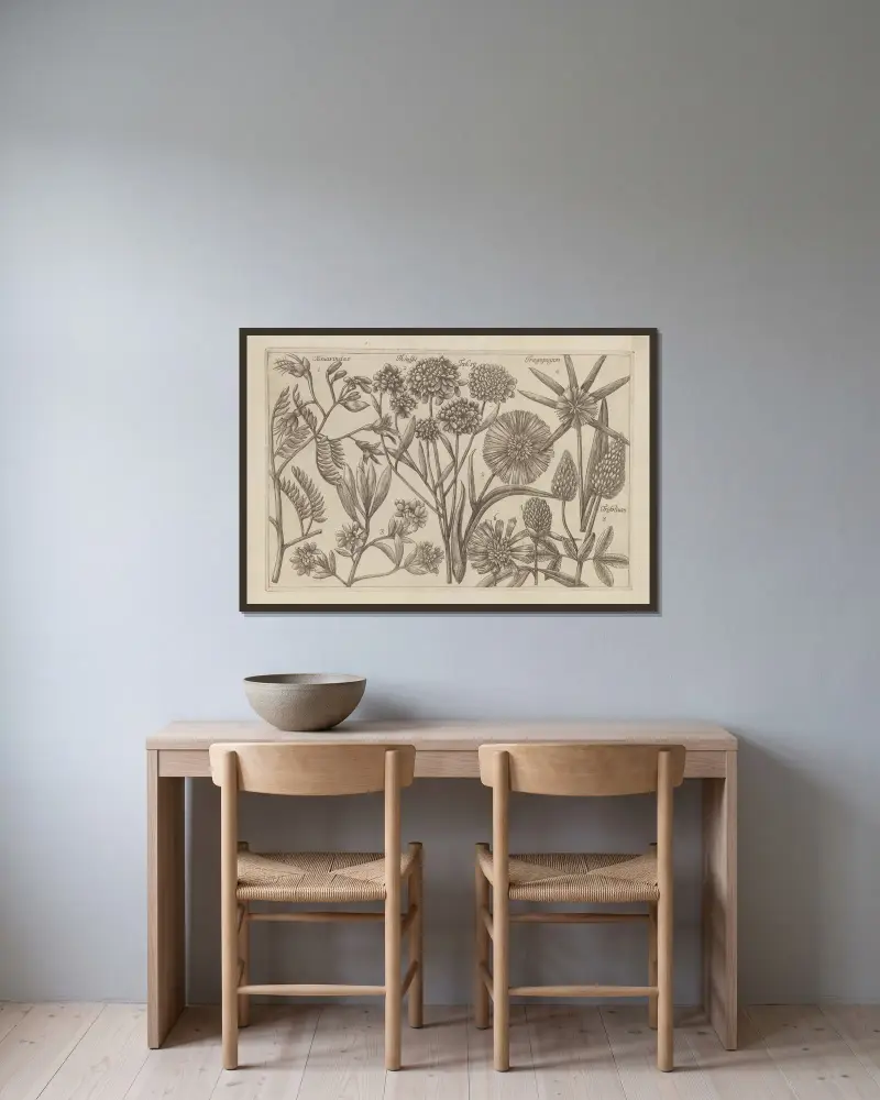 Tamarindus, Thlaspi, Tragopogon, Trifolium av Filippo Arena inramad på en vägg
