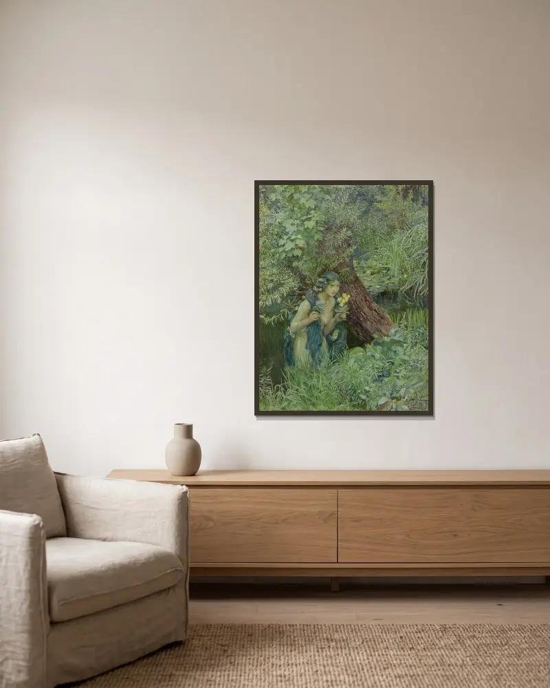 Med sköna grönaktiga lockar, alla lösa och obundna av Eleanor Fortescue-Brickdale inramad på en vägg