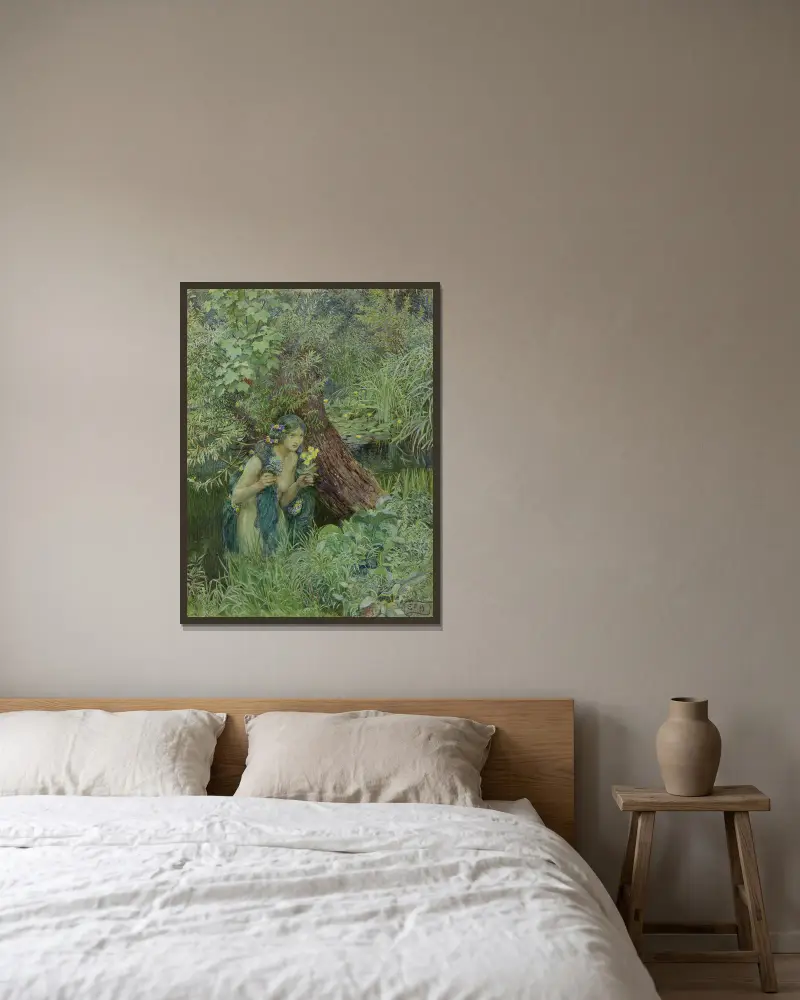 Med sköna grönaktiga lockar, alla lösa och obundna av Eleanor Fortescue-Brickdale inramad på en vägg