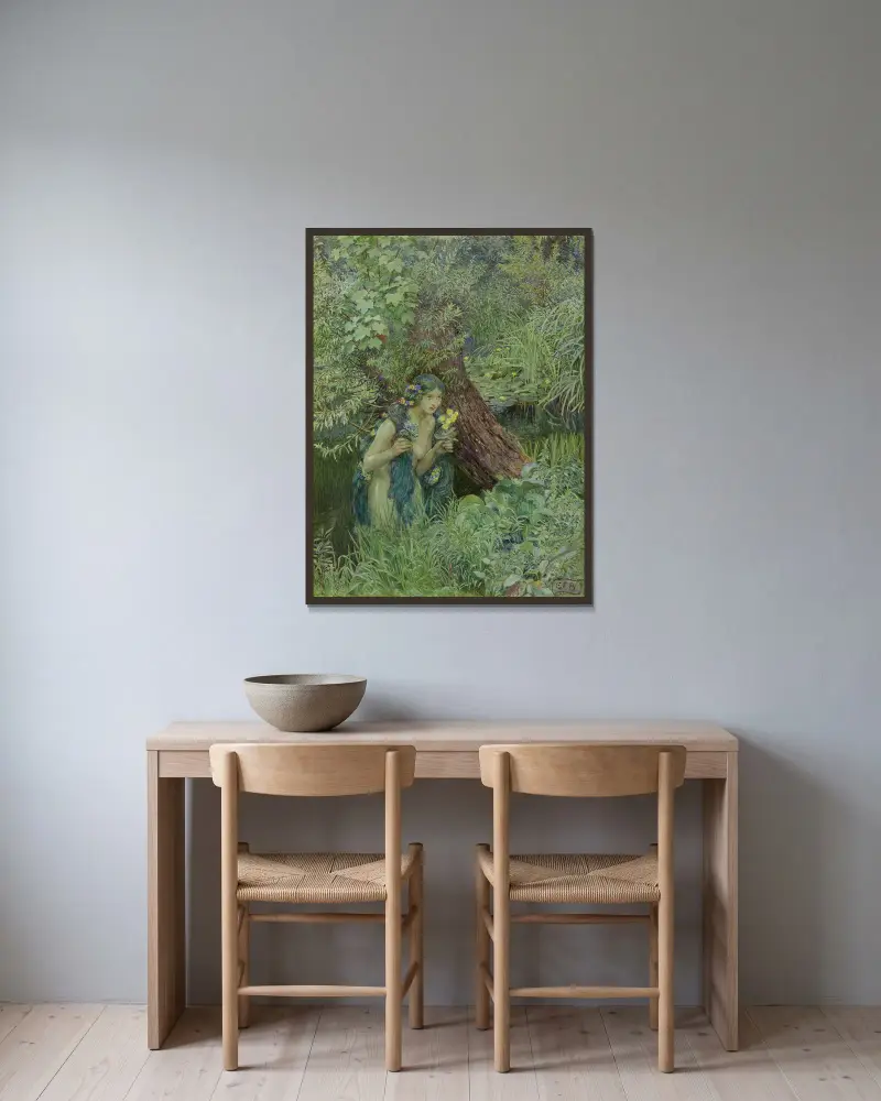 Med sköna grönaktiga lockar, alla lösa och obundna av Eleanor Fortescue-Brickdale inramad på en vägg