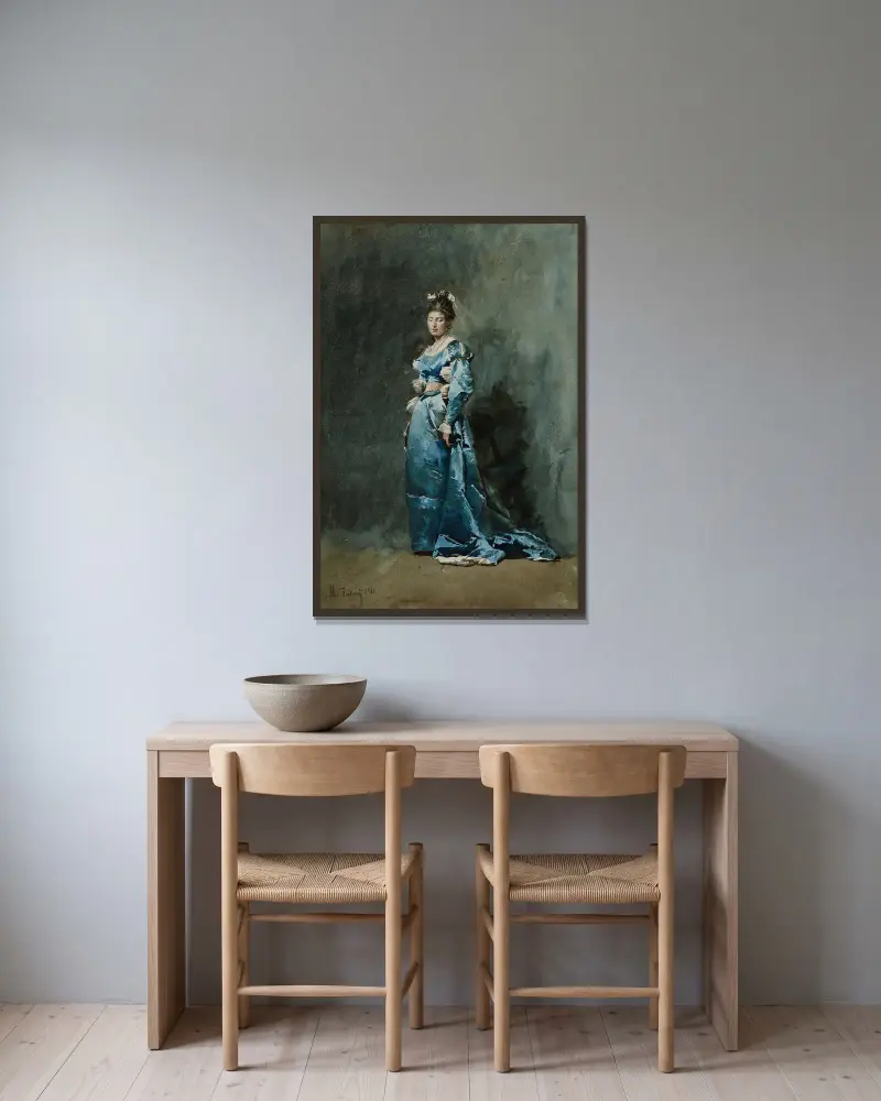 Ung kvinna i blå klänning av Mariano Fortuny Marsal inramad på en vägg