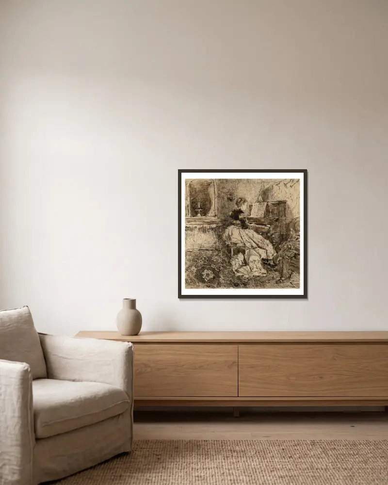 Cecilia de Madrazo am Klavier von Mariano Fortuny Marsal gerahmt an einer Wand