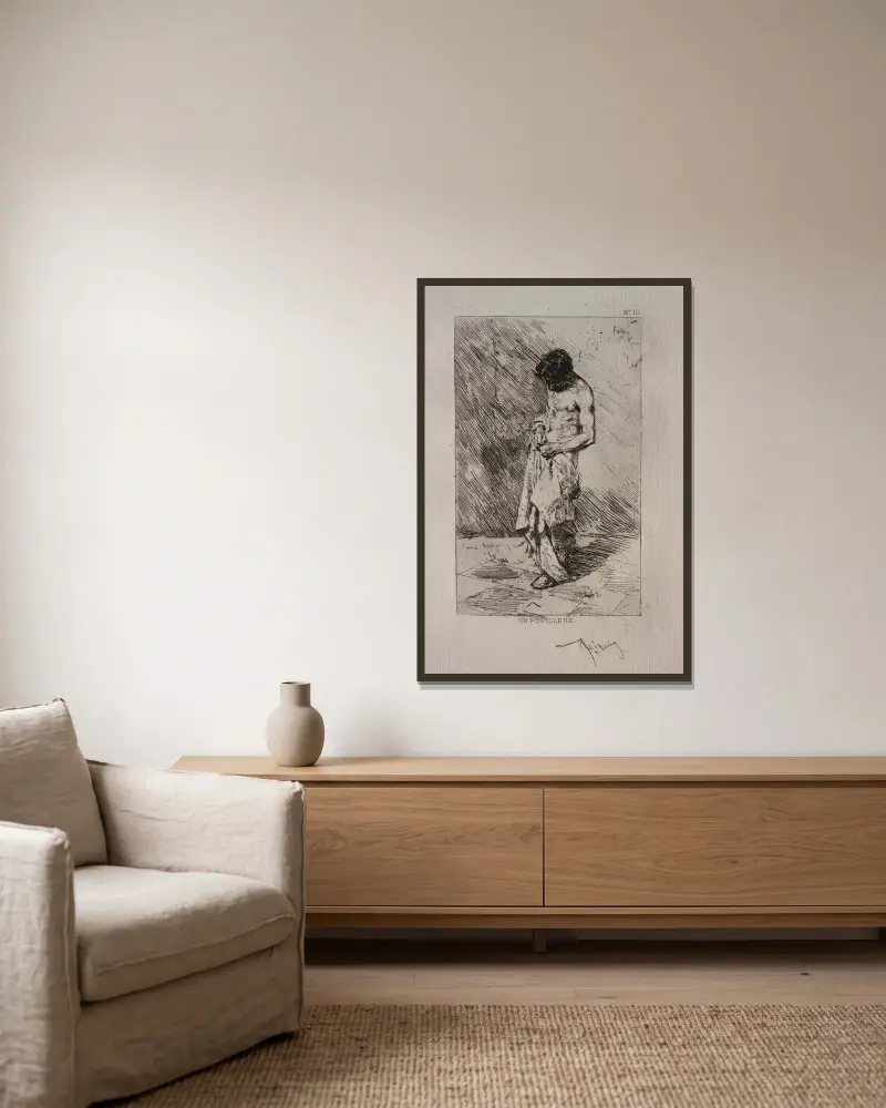 Mann bei der Flohsuche von Mariano Fortuny Marsal gerahmt an einer Wand