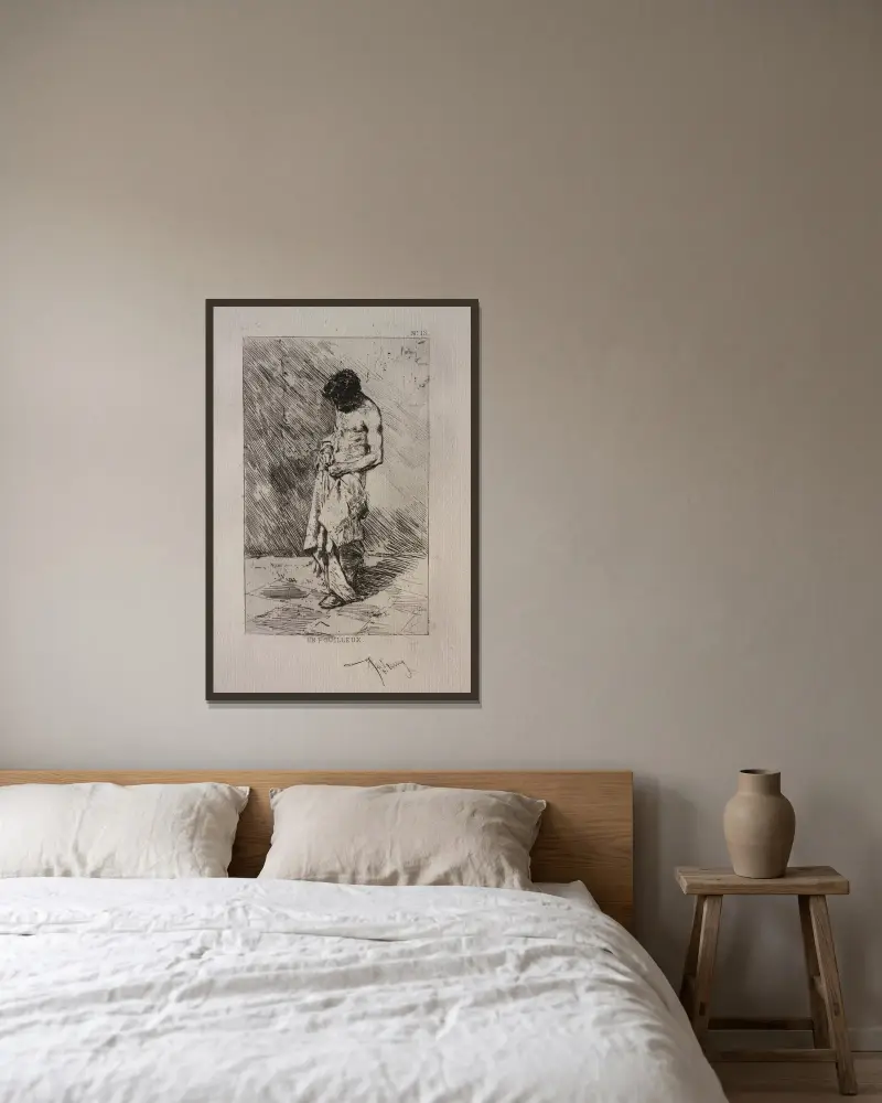 Mann bei der Flohsuche von Mariano Fortuny Marsal gerahmt an einer Wand