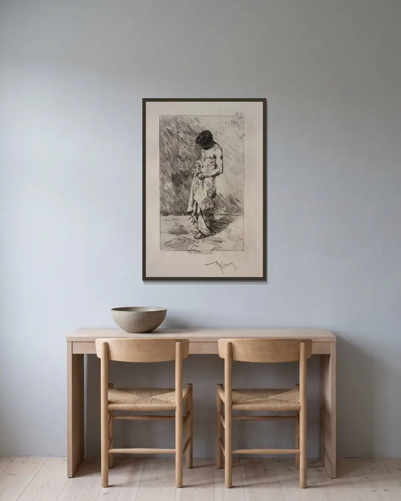 Mann bei der Flohsuche von Mariano Fortuny Marsal gerahmt an einer Wand