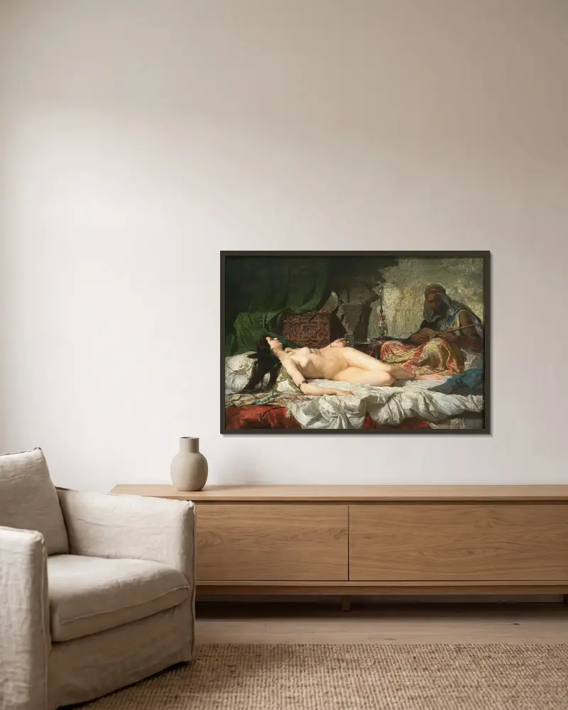 Die Odaliske von Mariano Fortuny Marsal gerahmt an einer Wand