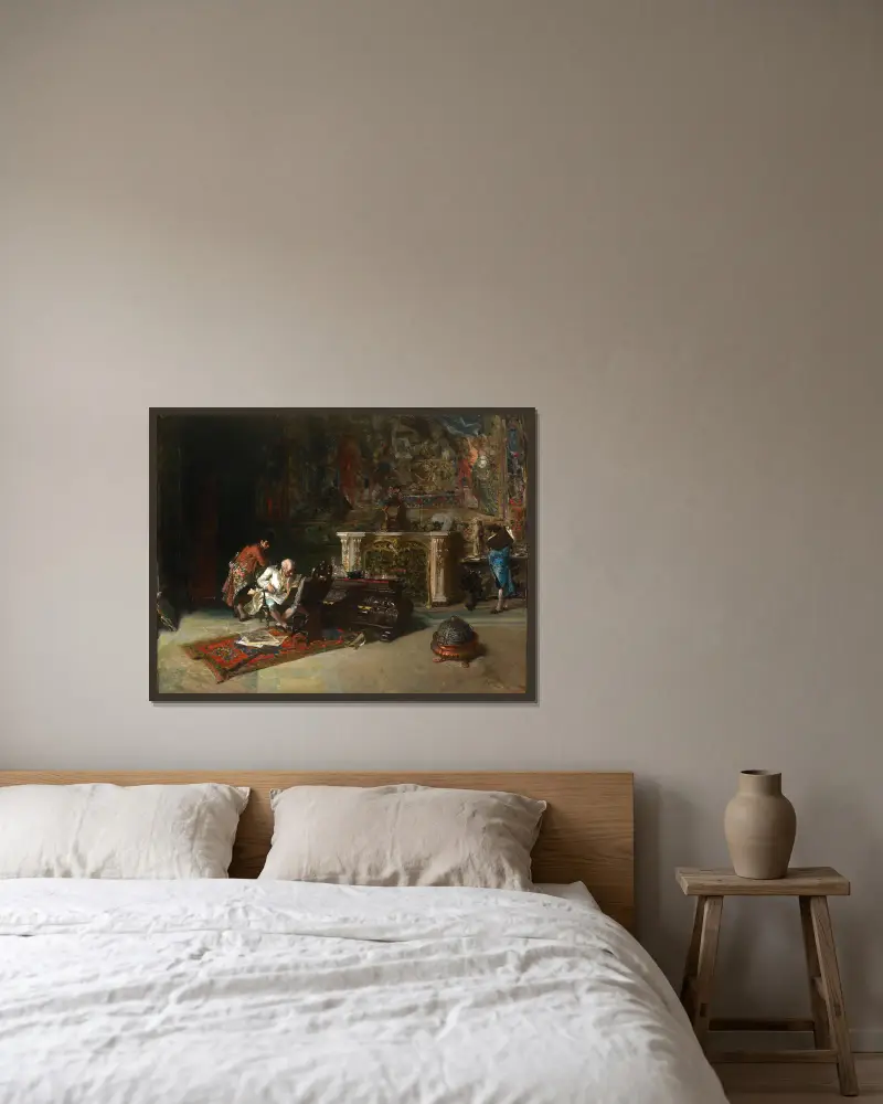 Der Kunstsammler von Mariano Fortuny Marsal gerahmt an einer Wand