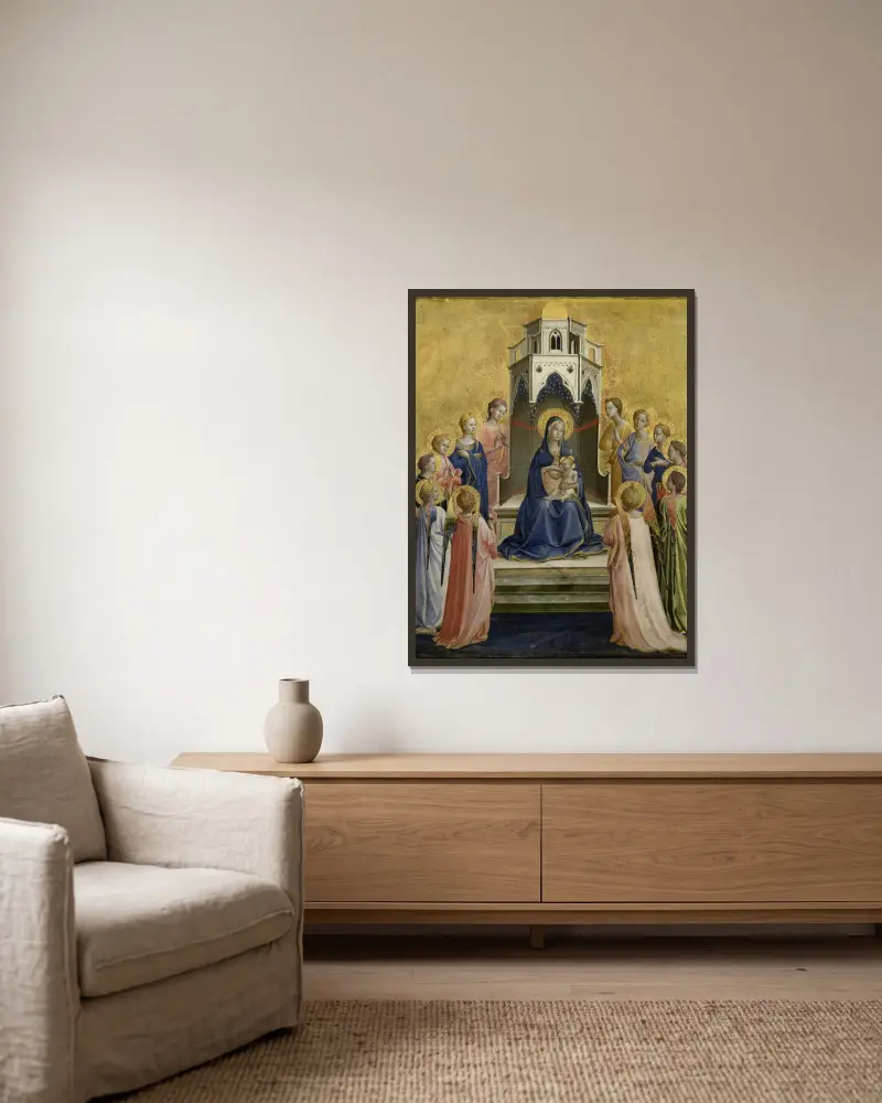 Madonnan och barnet på tron med tolv änglar av Fra Angelico inramad på en vägg