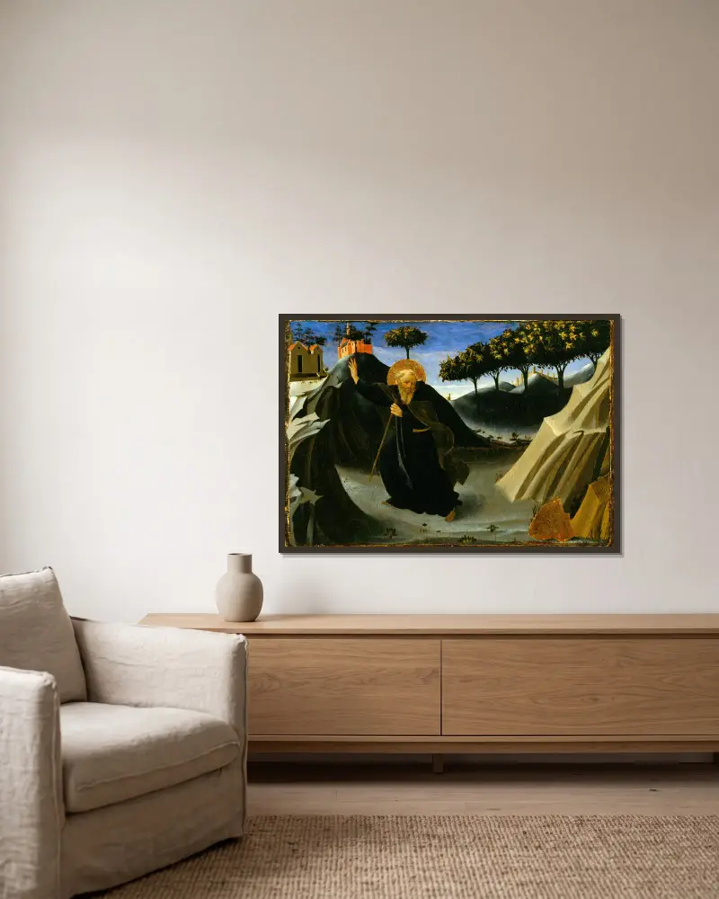 Den helige Antonius abboten avvisar guldet av Fra Angelico inramad på en vägg