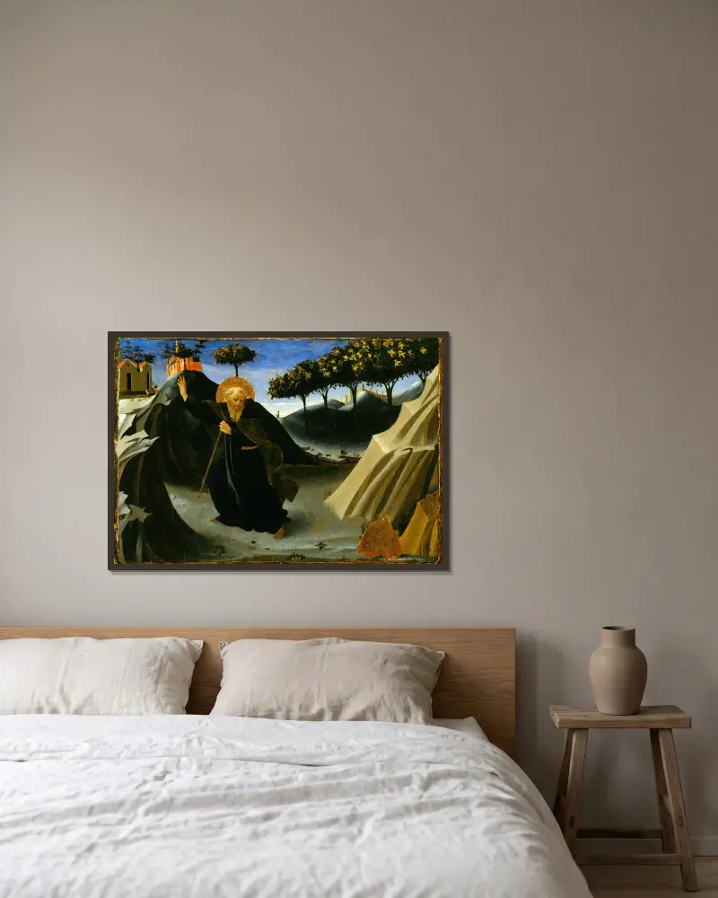 Den helige Antonius abboten avvisar guldet av Fra Angelico inramad på en vägg