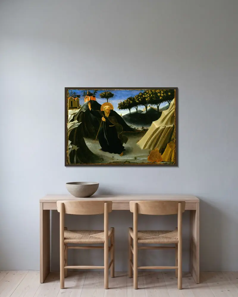 Den helige Antonius abboten avvisar guldet av Fra Angelico inramad på en vägg