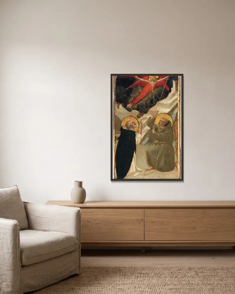 Den helige Dominikus och den helige Franciskus stigmatisering av Fra Angelico inramad på en vägg