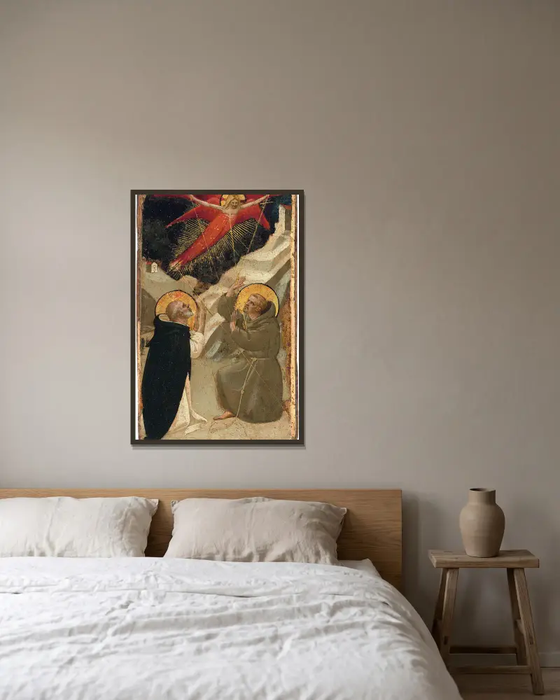 Den helige Dominikus och den helige Franciskus stigmatisering av Fra Angelico inramad på en vägg