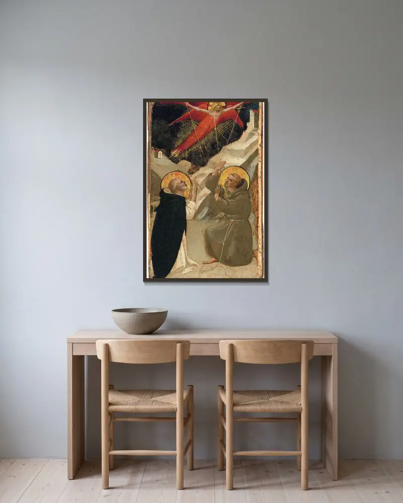 Den helige Dominikus och den helige Franciskus stigmatisering av Fra Angelico inramad på en vägg