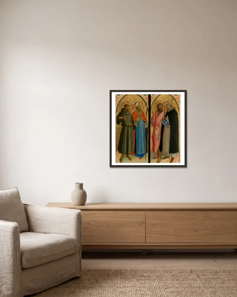 Den helige Franciskus och ett biskopshelgon, den helige Johannes Döparen och den helige Dominikus av Fra Angelico inramad på en vägg
