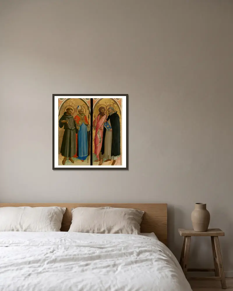 Den helige Franciskus och ett biskopshelgon, den helige Johannes Döparen och den helige Dominikus av Fra Angelico inramad på en vägg