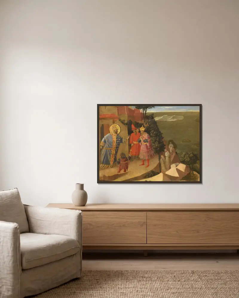 Den helige Romuald nekar kejsar Otto III tillträde till kyrkan av Fra Angelico inramad på en vägg