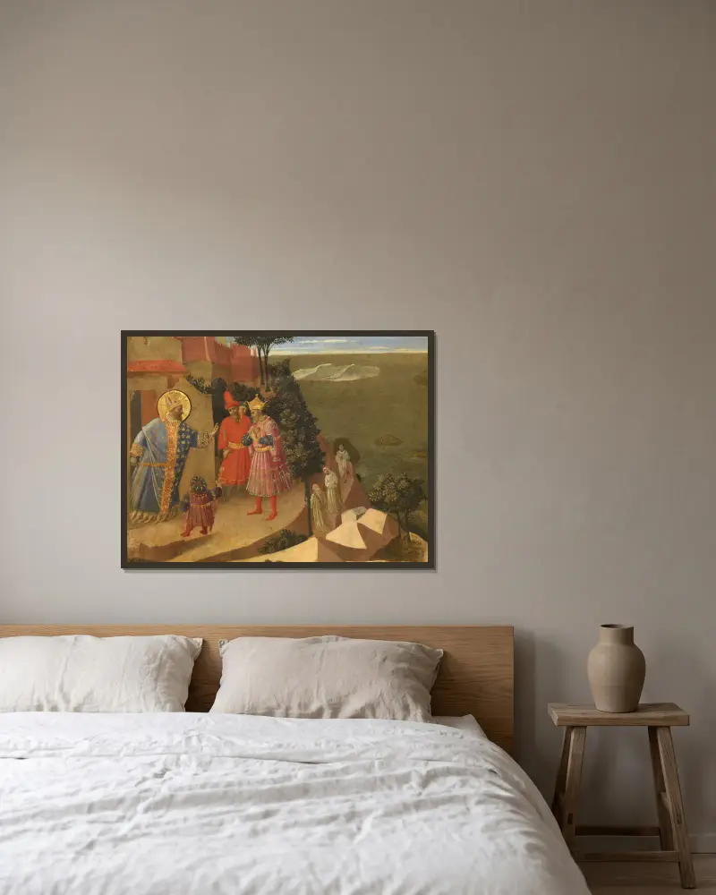 Den helige Romuald nekar kejsar Otto III tillträde till kyrkan av Fra Angelico inramad på en vägg