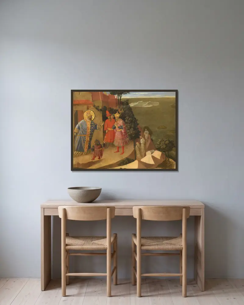 Den helige Romuald nekar kejsar Otto III tillträde till kyrkan av Fra Angelico inramad på en vägg