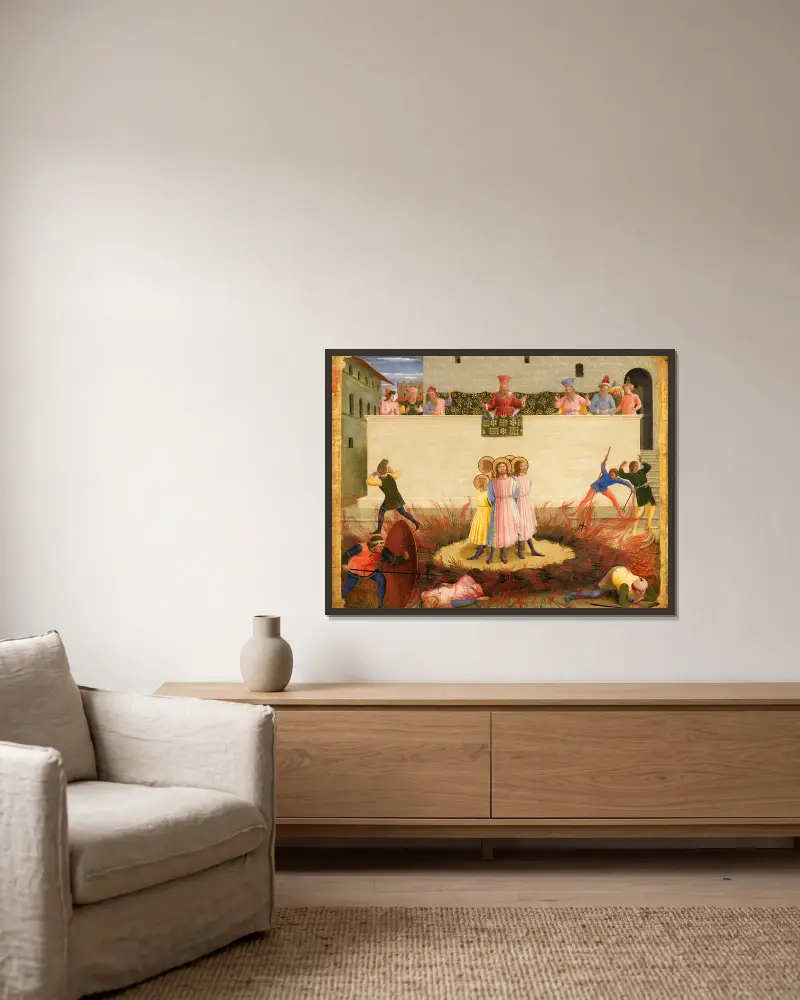 De heliga Kosmas och Damianus och deras bröder överlever bålet av Fra Angelico inramad på en vägg