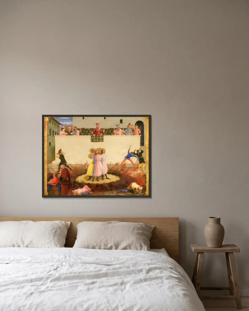 De heliga Kosmas och Damianus och deras bröder överlever bålet av Fra Angelico inramad på en vägg