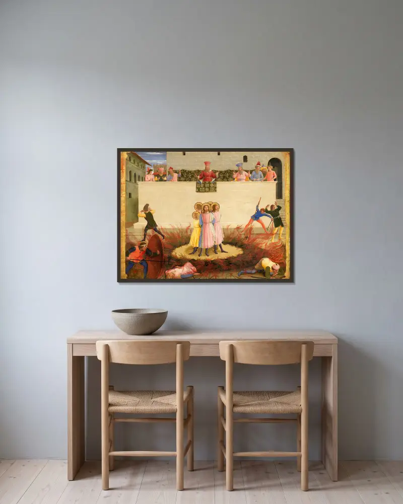 De heliga Kosmas och Damianus och deras bröder överlever bålet av Fra Angelico inramad på en vägg