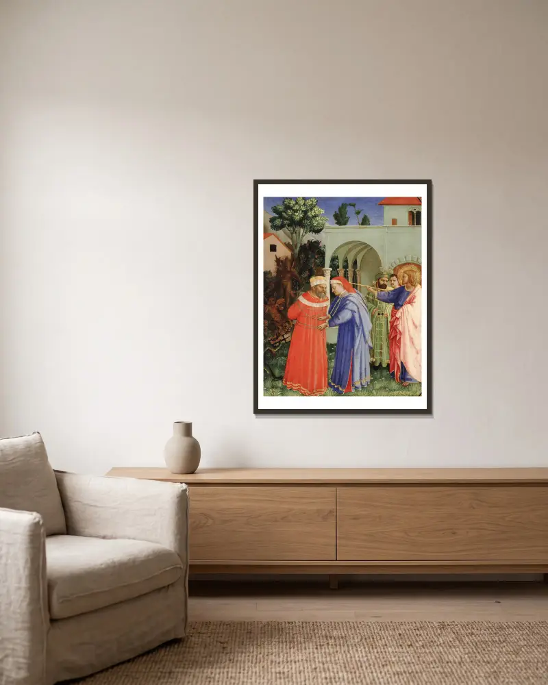Aposteln Jakob den äldre befriar trollkarlen Hermogenes av Fra Angelico inramad på en vägg