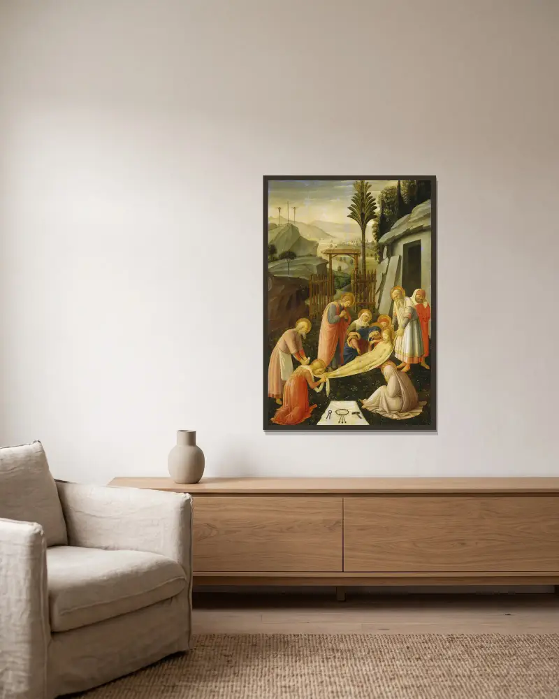 Kristi gravläggning av Fra Angelico inramad på en vägg