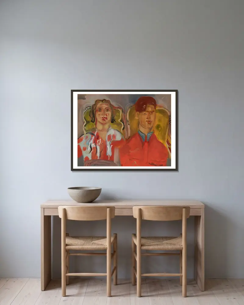 Double portrait No. 2 (Katharine and Anthony West) av Frances Hodgkins inramad på en vägg