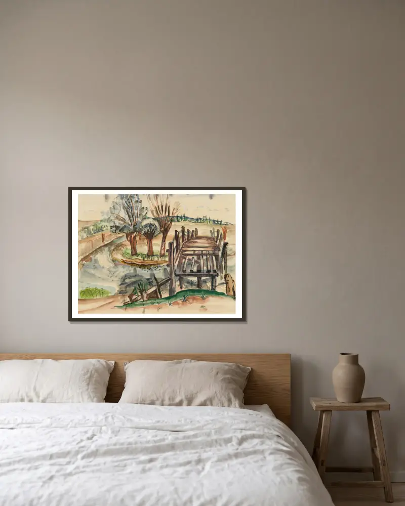 Flatford Bridge von Frances Hodgkins gerahmt an einer Wand