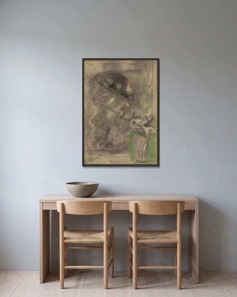 Porträtt av Mrs Elisabeth Curtis av Frances Hodgkins inramad på en vägg