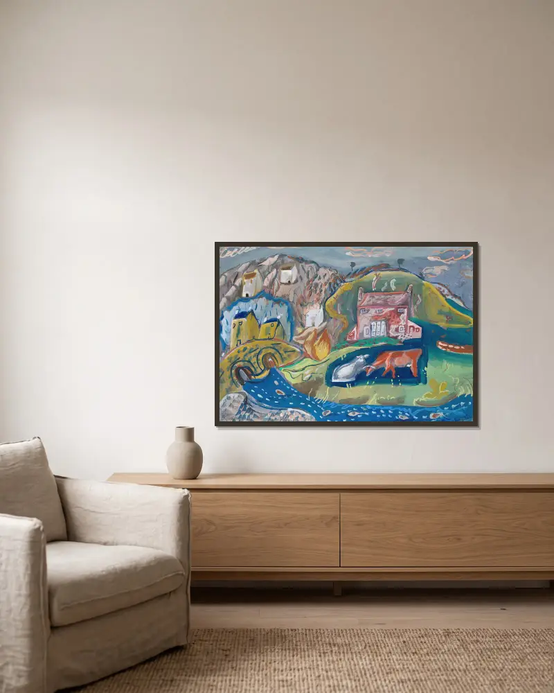 Solva (Fischerdorf in Pembrokeshire) von Frances Hodgkins gerahmt an einer Wand