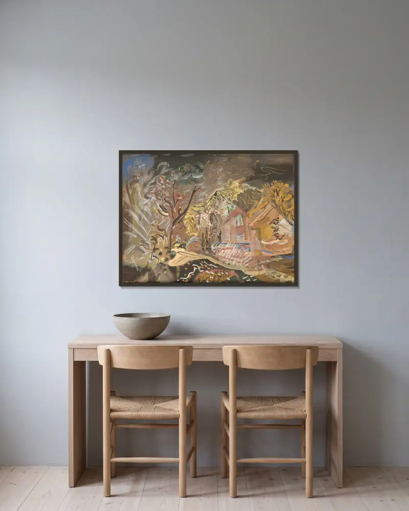 Torparstugan, Bradford on Tone, Taunton, Somerset av Frances Hodgkins inramad på en vägg
