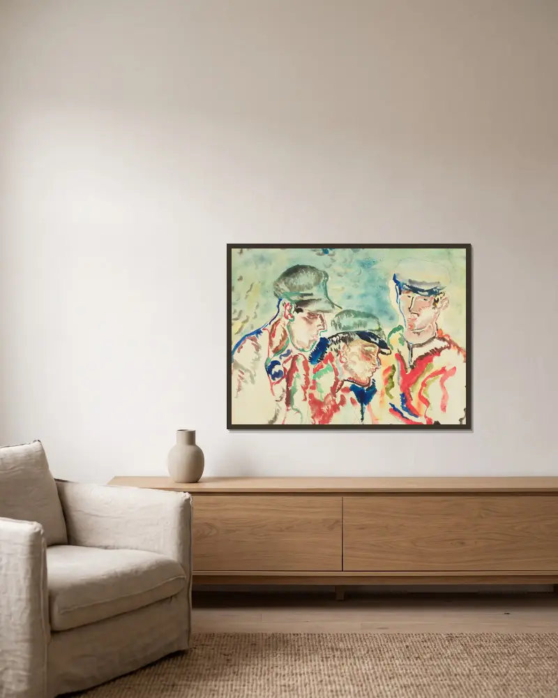 Three fisher boys av Frances Hodgkins inramad på en vägg