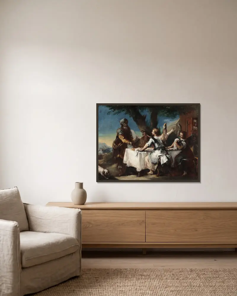 Abraham tar emot de tre änglarna av Francesco Guardi inramad på en vägg