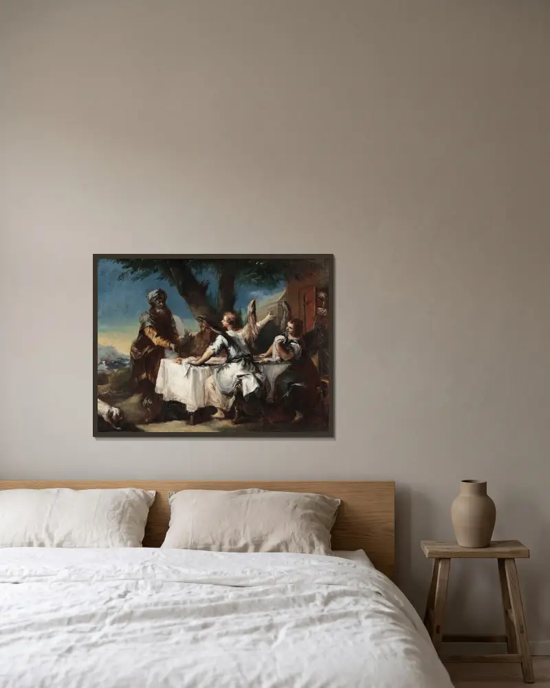 Abraham tar emot de tre änglarna av Francesco Guardi inramad på en vägg