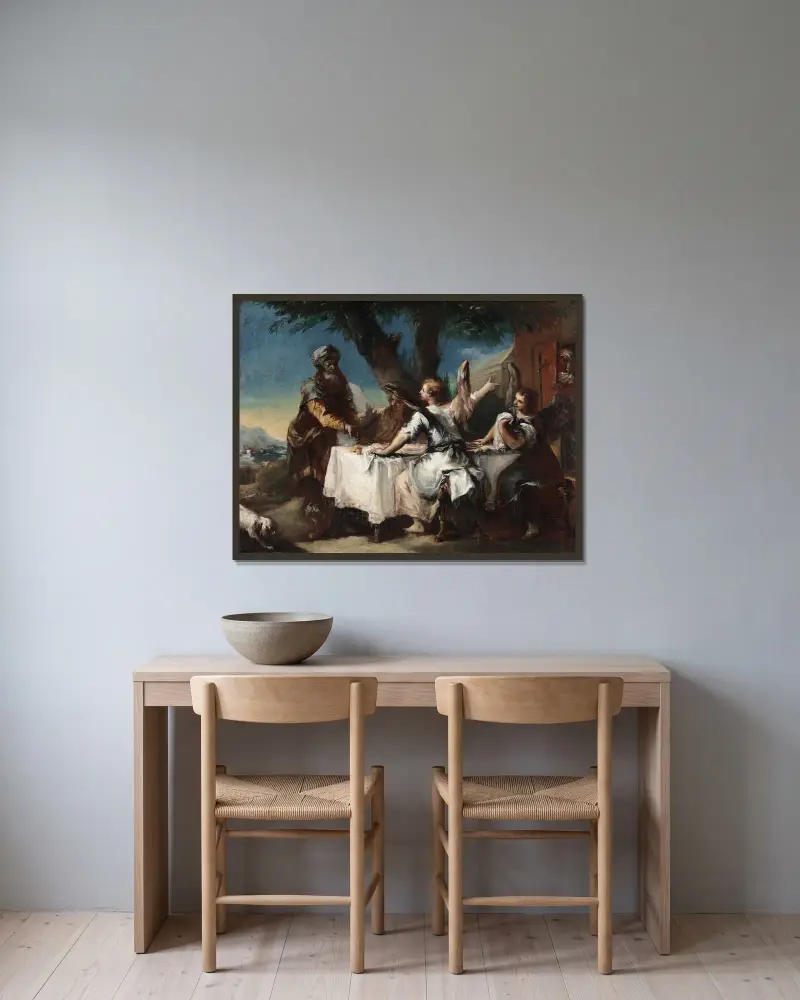 Abraham tar emot de tre änglarna av Francesco Guardi inramad på en vägg