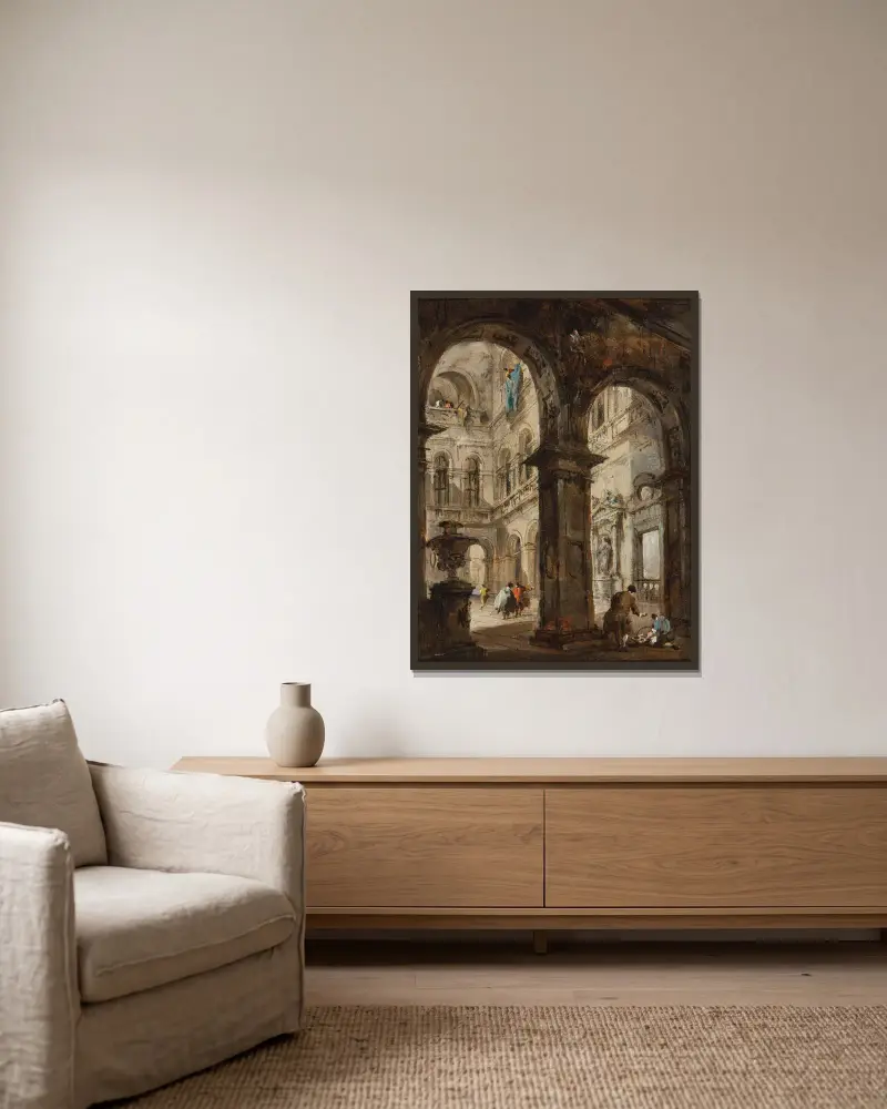 Architektonické capriccio, Francesco Guardi v rámu na stěně