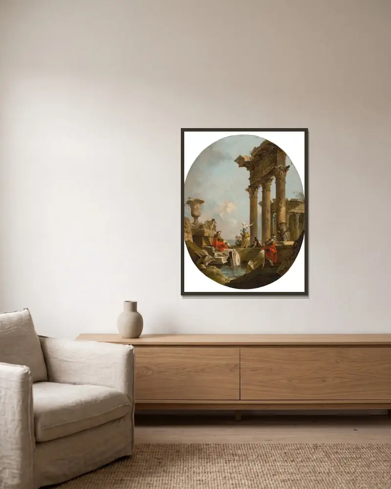 Ett arkitektoniskt capriccio med figurer bland klassiska ruiner, ett tempel i bakgrunden av Francesco Guardi inramad på en vägg