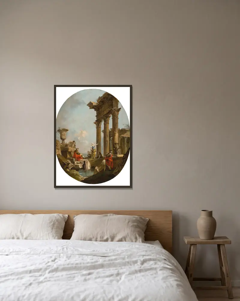 Ett arkitektoniskt capriccio med figurer bland klassiska ruiner, ett tempel i bakgrunden av Francesco Guardi inramad på en vägg