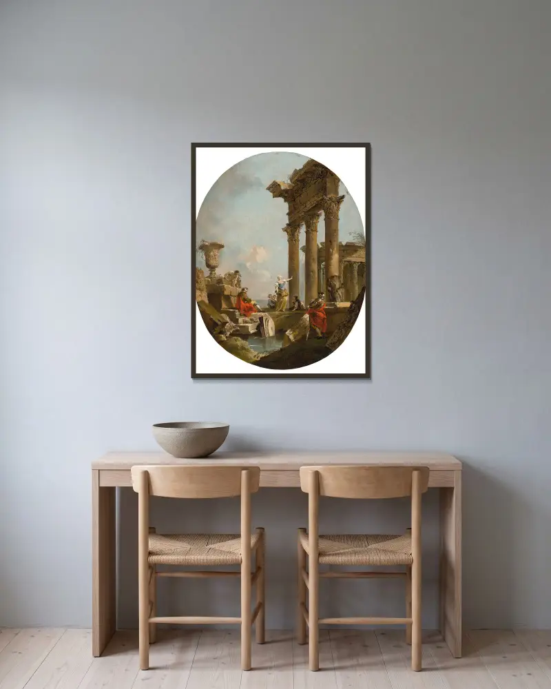 Ett arkitektoniskt capriccio med figurer bland klassiska ruiner, ett tempel i bakgrunden av Francesco Guardi inramad på en vägg