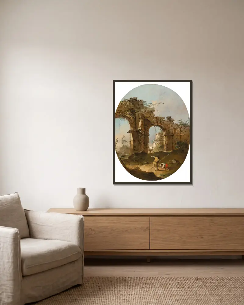 Arkitektoniskt capriccio med figurer vid en ruinerad båge av Francesco Guardi inramad på en vägg
