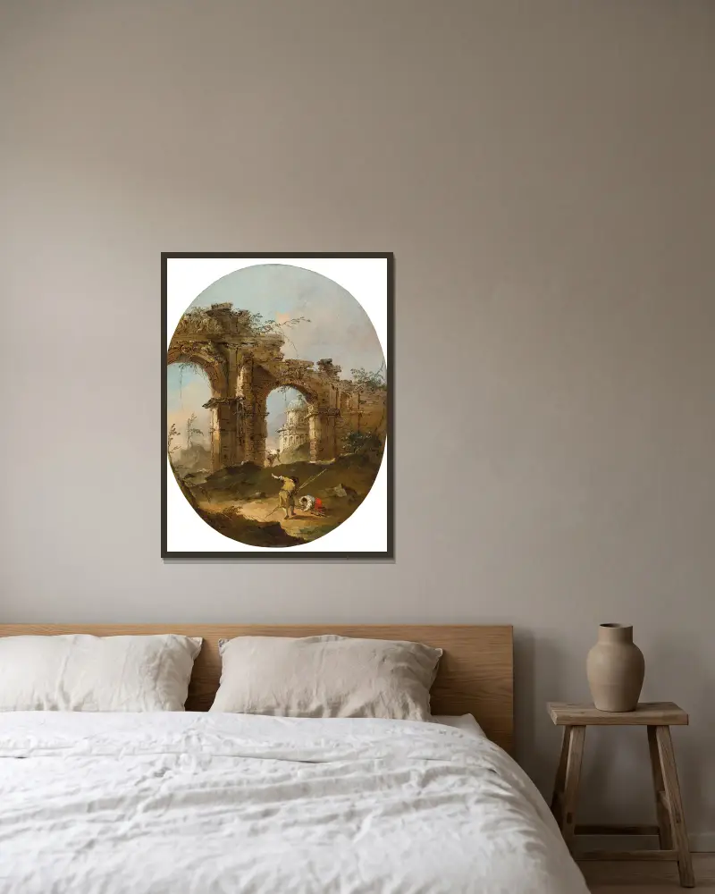 Arkitektoniskt capriccio med figurer vid en ruinerad båge av Francesco Guardi inramad på en vägg