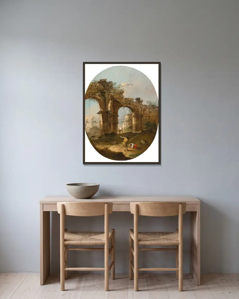 Arkitektoniskt capriccio med figurer vid en ruinerad båge av Francesco Guardi inramad på en vägg