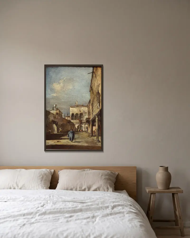 Architectural fantasy with a courtyard av Francesco Guardi inramad på en vägg