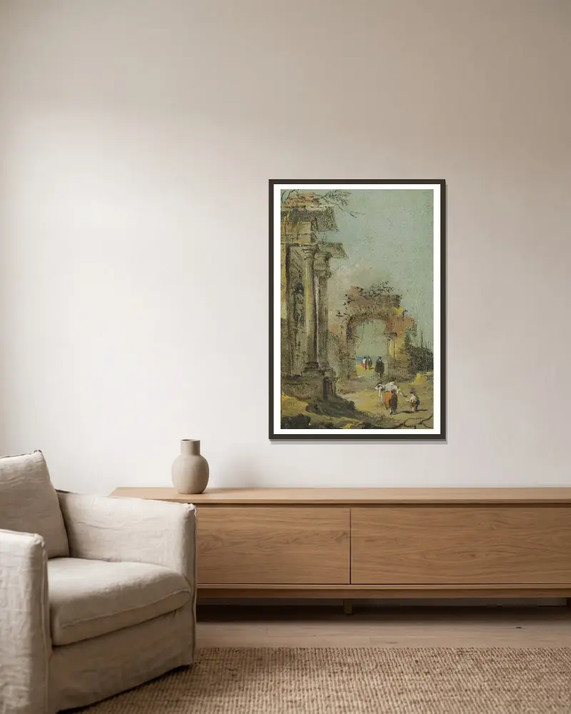 Kaprys z ruinami architektonicznymi i postaciami, Francesco Guardi w ramie na ścianie