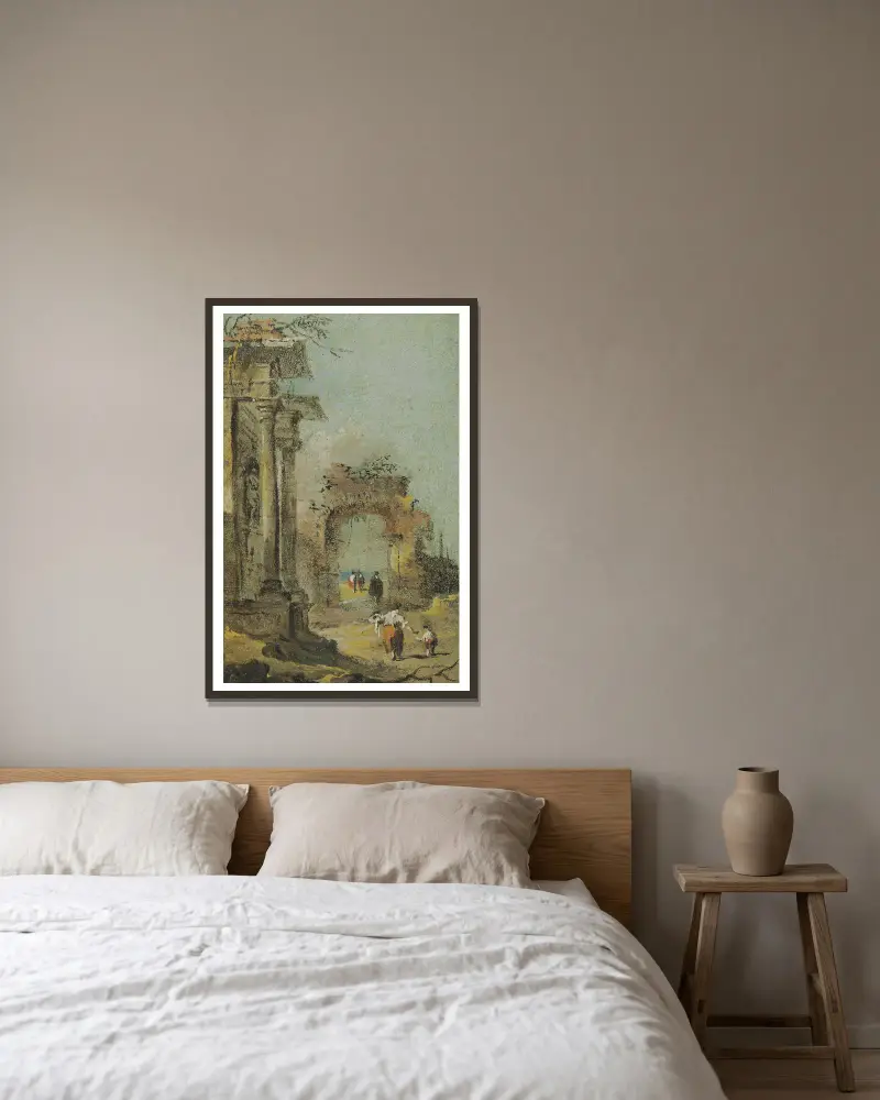 Kaprys z ruinami architektonicznymi i postaciami, Francesco Guardi w ramie na ścianie