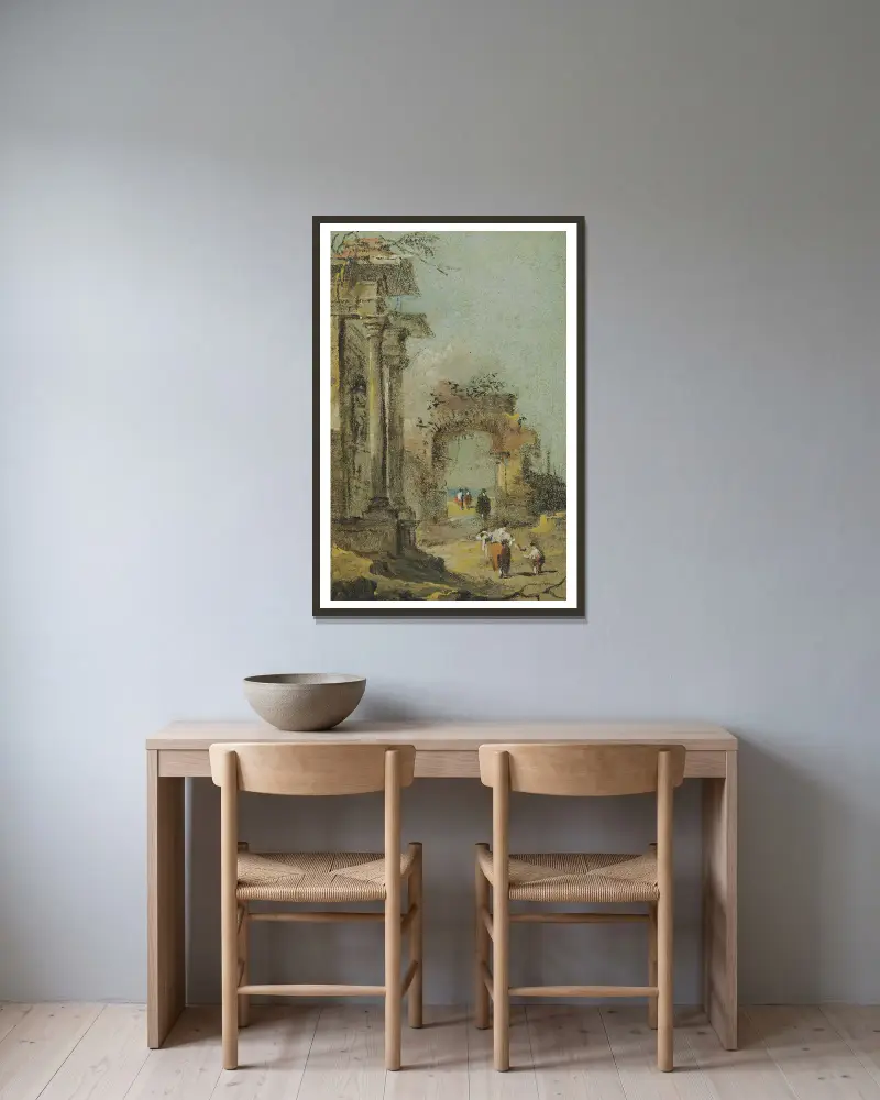 Kaprys z ruinami architektonicznymi i postaciami, Francesco Guardi w ramie na ścianie